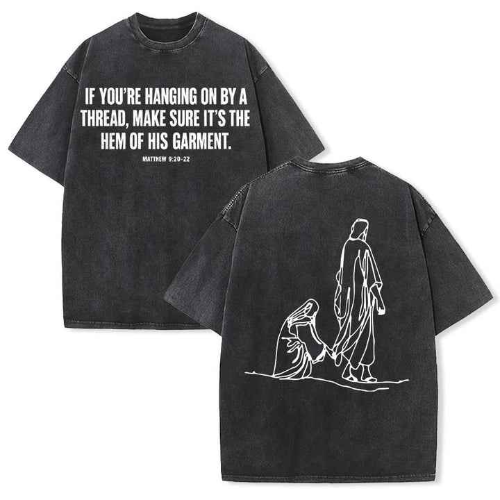 Christianartworkshop Matthew 9:20‑22 Faith Quote Front Bleeding Woman Touch Christ Robe Line Art Rear Print Washed T‑Shirt - Black - 5XL - image 9