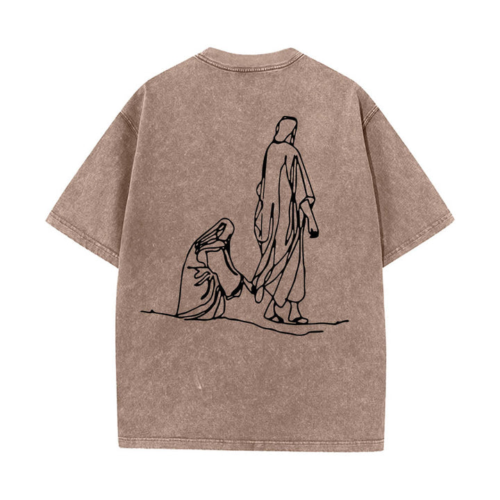Christianartworkshop Matthew 9:20‑22 Faith Quote Front Bleeding Woman Touch Christ Robe Line Art Rear Print Washed T‑Shirt - image 2