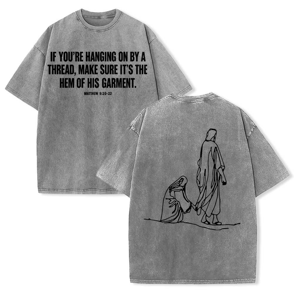 Christianartworkshop Matthew 9:20‑22 Faith Quote Front Bleeding Woman Touch Christ Robe Line Art Rear Print Washed T‑Shirt - Grey - 5XL - image 6
