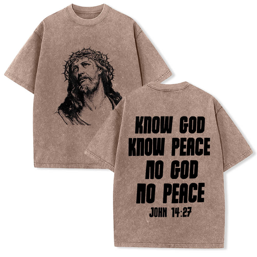 Christianartworkshop Thorn Crown Jesus Bust Front Know God Know Peace John 14:27 Rear Dual Side Print Washed T‑Shirt - Brown - 5XL - image 3
