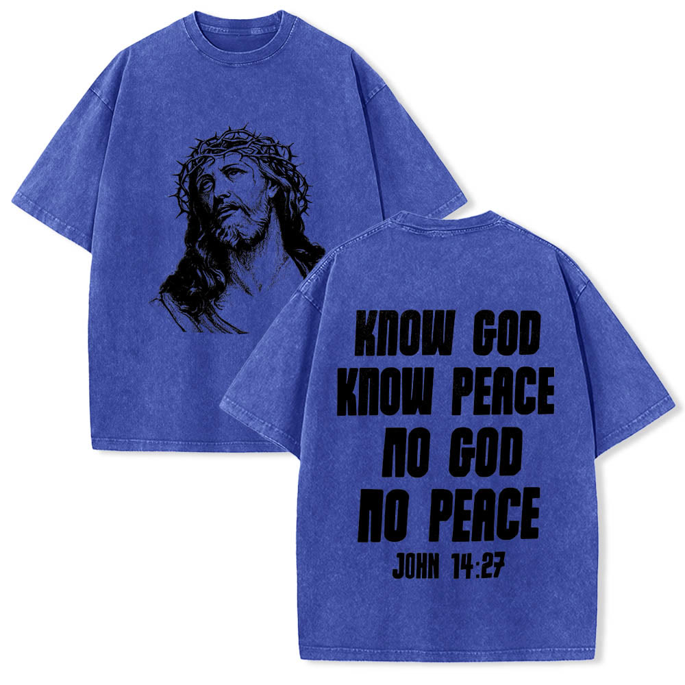Christianartworkshop Thorn Crown Jesus Bust Front Know God Know Peace John 14:27 Rear Dual Side Print Washed T‑Shirt - Blue - 5XL - image 12