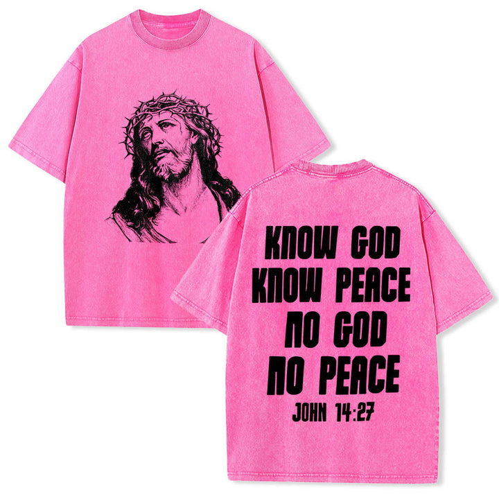 Christianartworkshop Thorn Crown Jesus Bust Front Know God Know Peace John 14:27 Rear Dual Side Print Washed T‑Shirt - Pink - 5XL - image 21