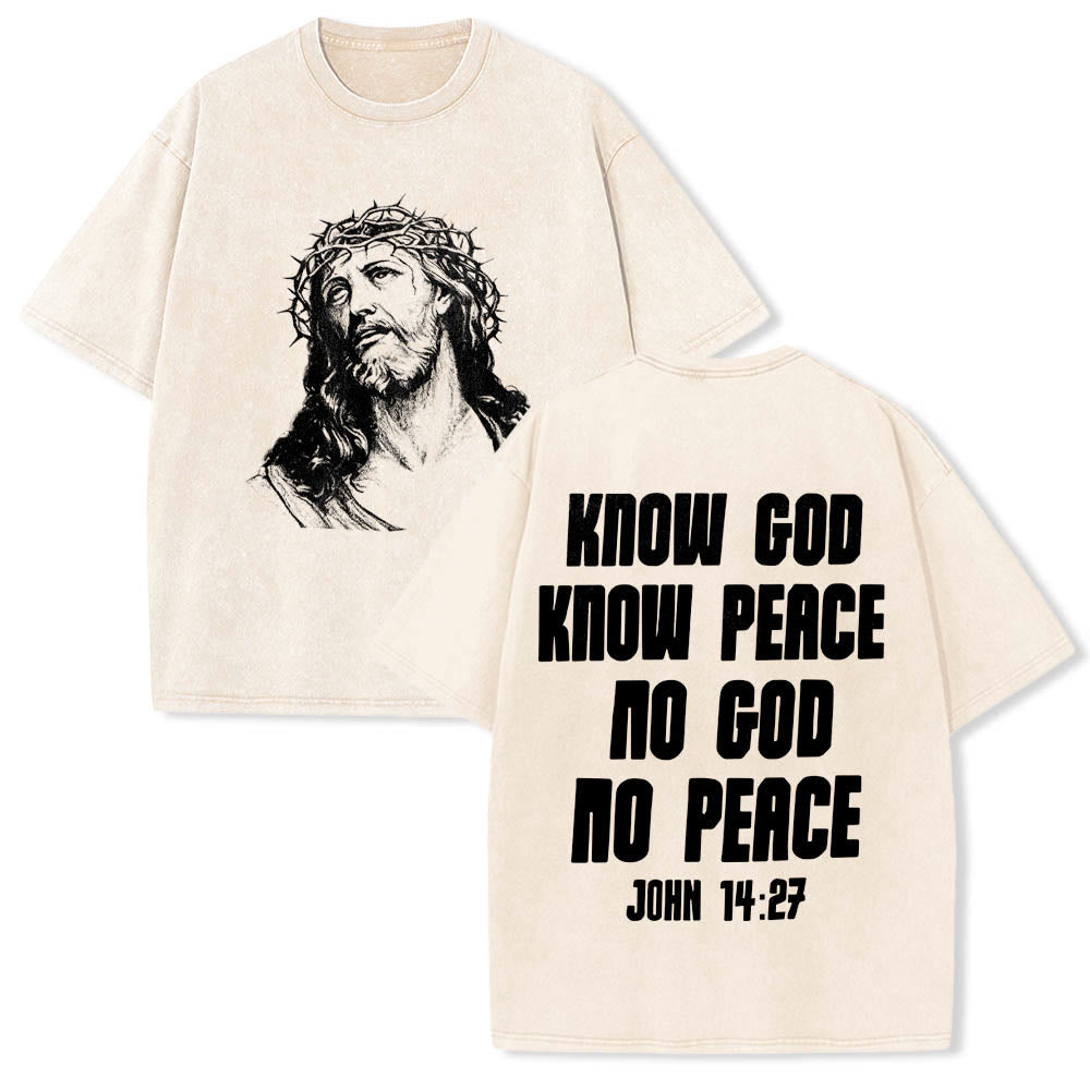 Christianartworkshop Thorn Crown Jesus Bust Front Know God Know Peace John 14:27 Rear Dual Side Print Washed T‑Shirt - Beige - 5XL - image 0