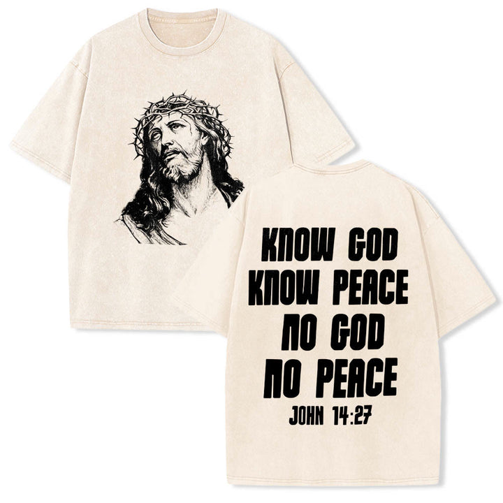 Christianartworkshop Thorn Crown Jesus Bust Front Know God Know Peace John 14:27 Rear Dual Side Print Washed T‑Shirt - Beige - 5XL - image 0