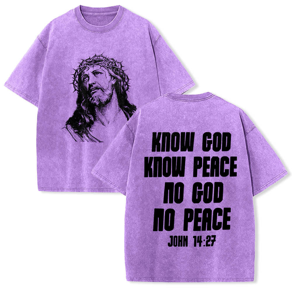 Christianartworkshop Thorn Crown Jesus Bust Front Know God Know Peace John 14:27 Rear Dual Side Print Washed T‑Shirt - Purple - 5XL - image 18
