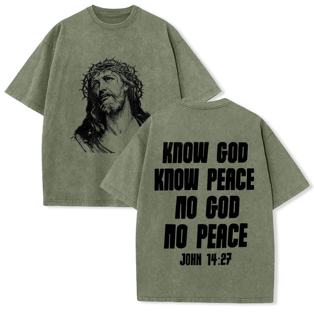 Christianartworkshop Thorn Crown Jesus Bust Front Know God Know Peace John 14:27 Rear Dual Side Print Washed T‑Shirt - Army Green - 5XL - image 24