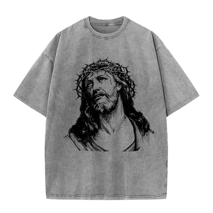 Christianartworkshop Thorn Crown Jesus Bust Front Know God Know Peace John 14:27 Rear Dual Side Print Washed T‑Shirt - image 7
