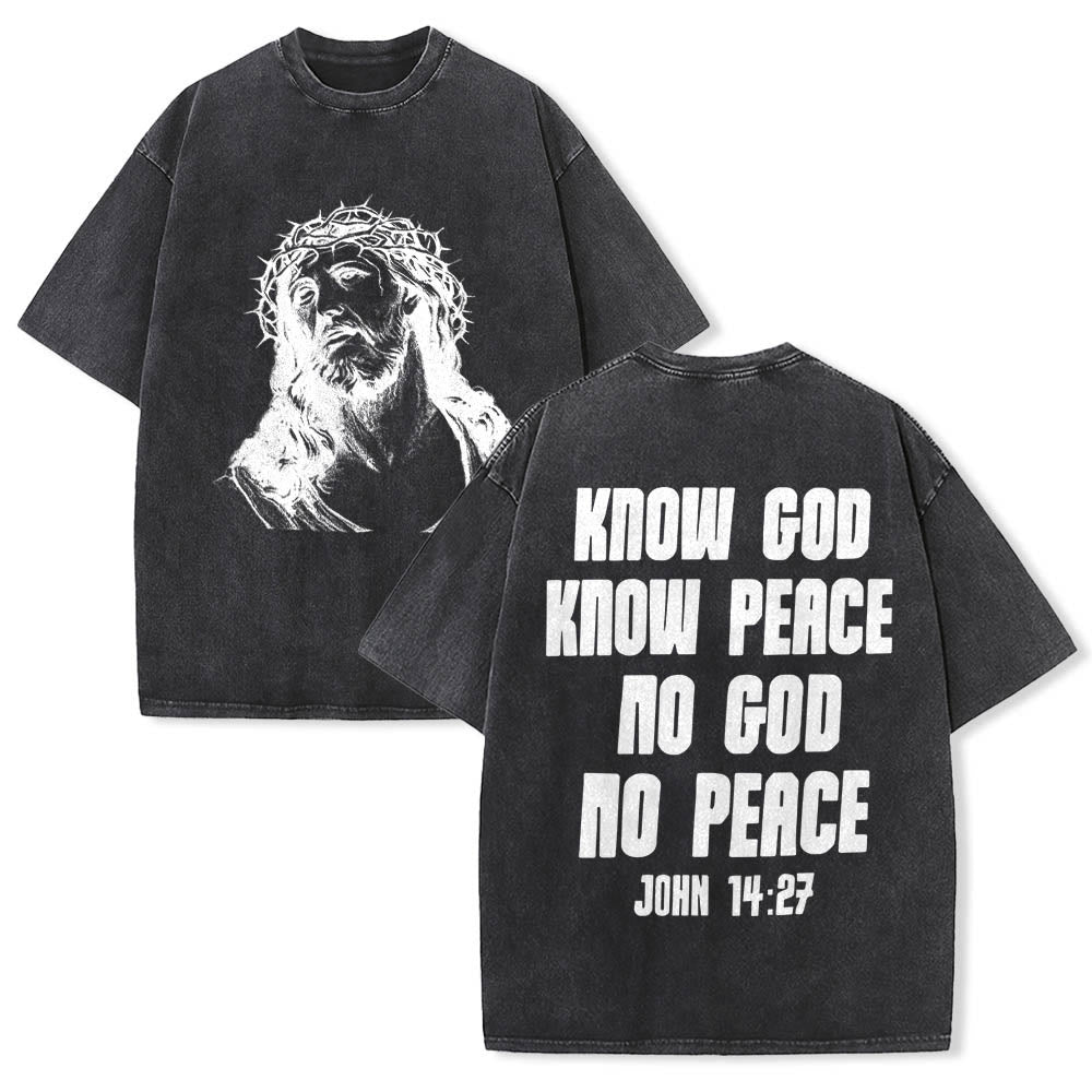 Christianartworkshop Thorn Crown Jesus Bust Front Know God Know Peace John 14:27 Rear Dual Side Print Washed T‑Shirt - Black - 5XL - image 9
