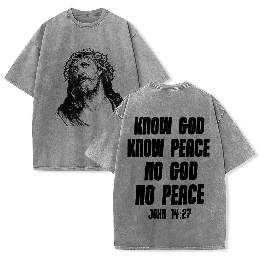 Christianartworkshop Thorn Crown Jesus Bust Front Know God Know Peace John 14:27 Rear Dual Side Print Washed T‑Shirt - Grey - 5XL - image 6