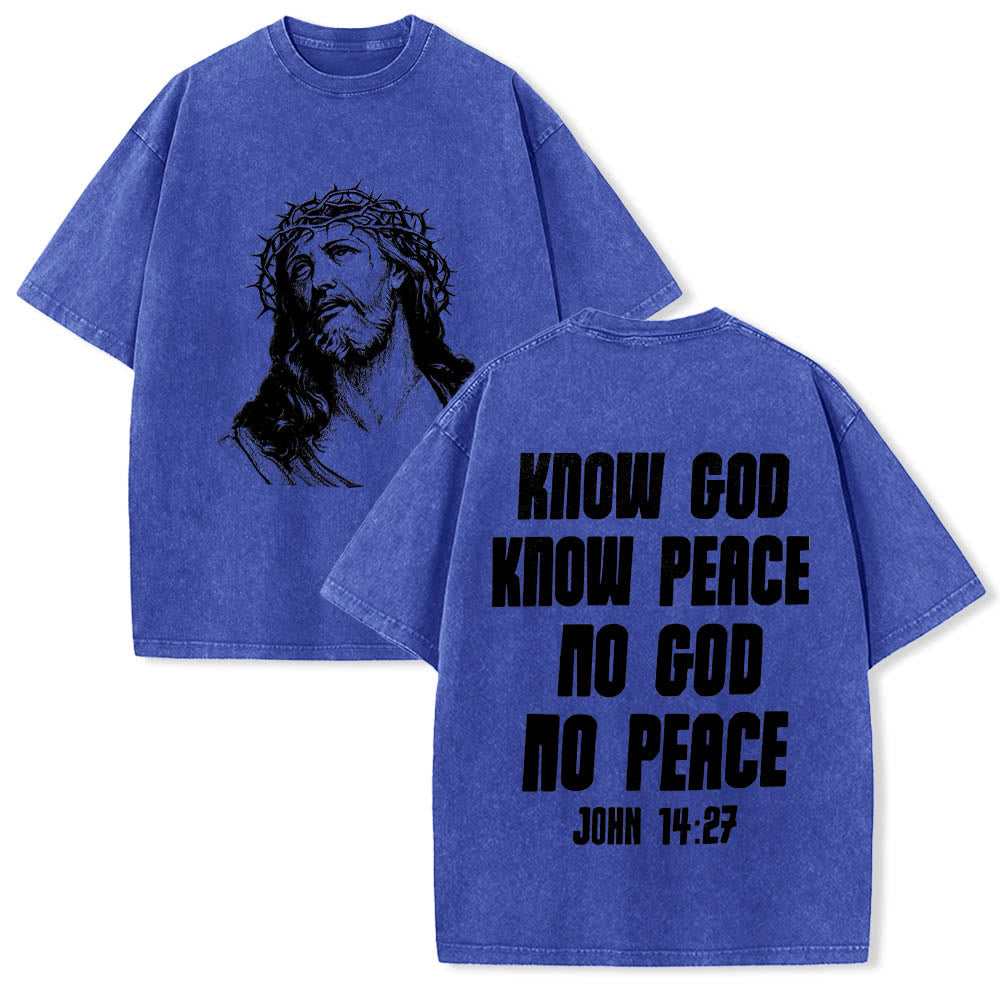 Christianartworkshop Thorn Crown Jesus Bust Front Know God Know Peace John 14:27 Rear Dual Side Print Washed T‑Shirt - Blue - 5XL - image 12
