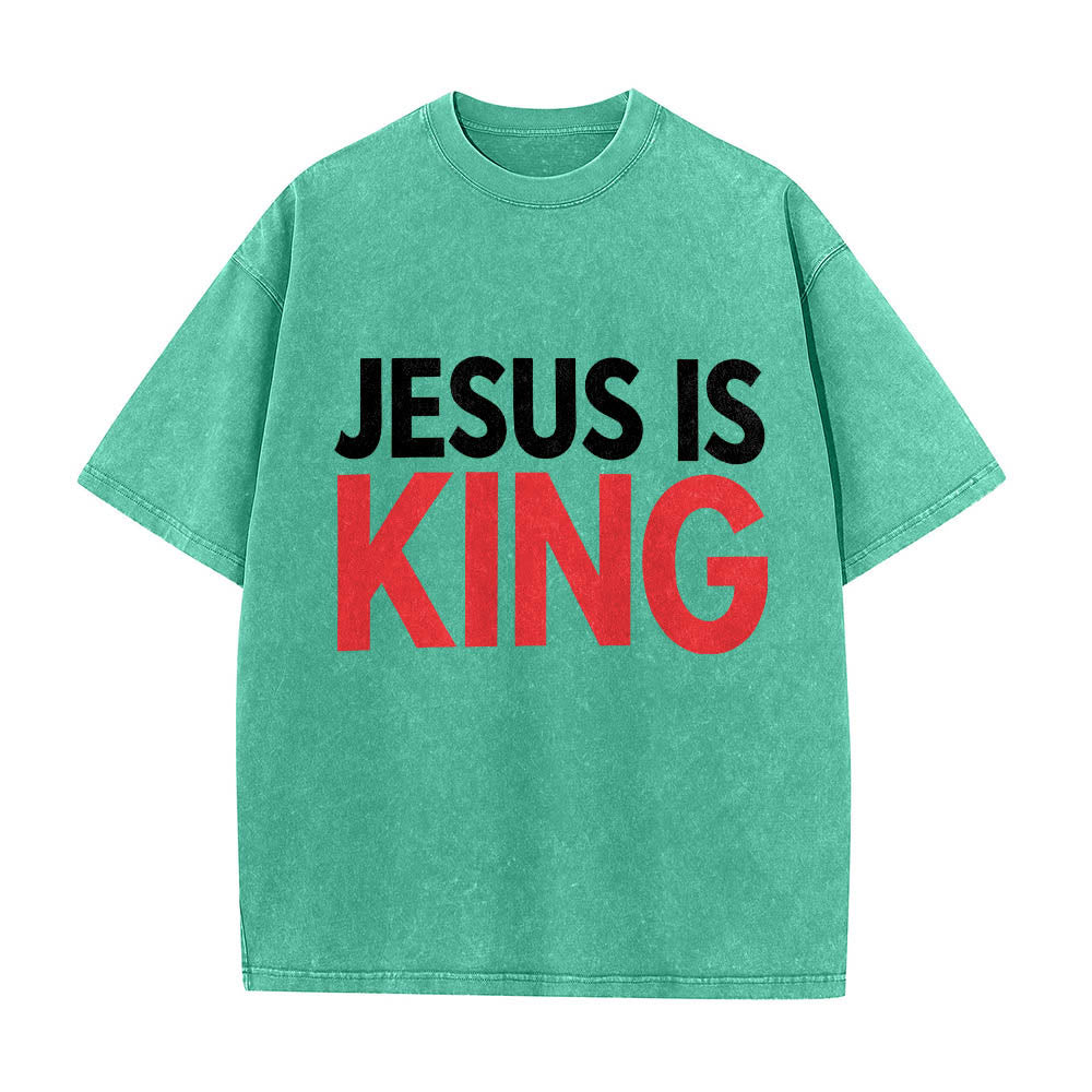 Christianartworkshop Two Tier Bold Block Jesus Is King Front Typography Print Washed T‑Shirt - Green - 5XL - image 10