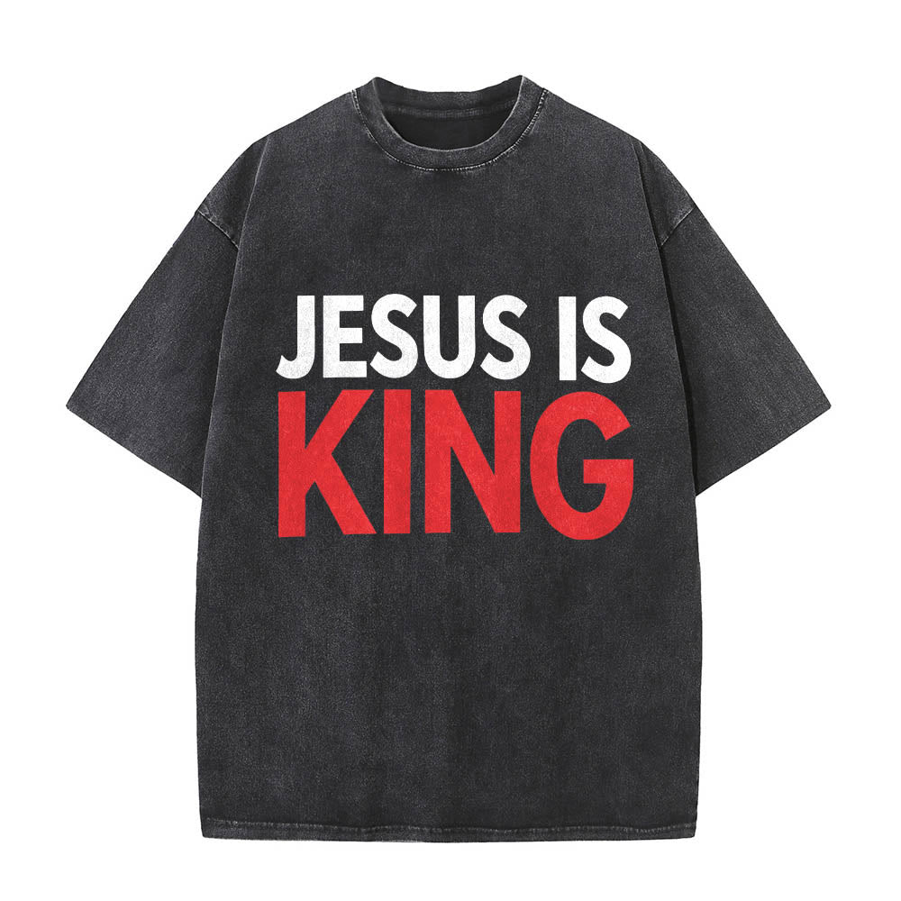 Christianartworkshop Two Tier Bold Block Jesus Is King Front Typography Print Washed T‑Shirt - Black - 5XL - image 0