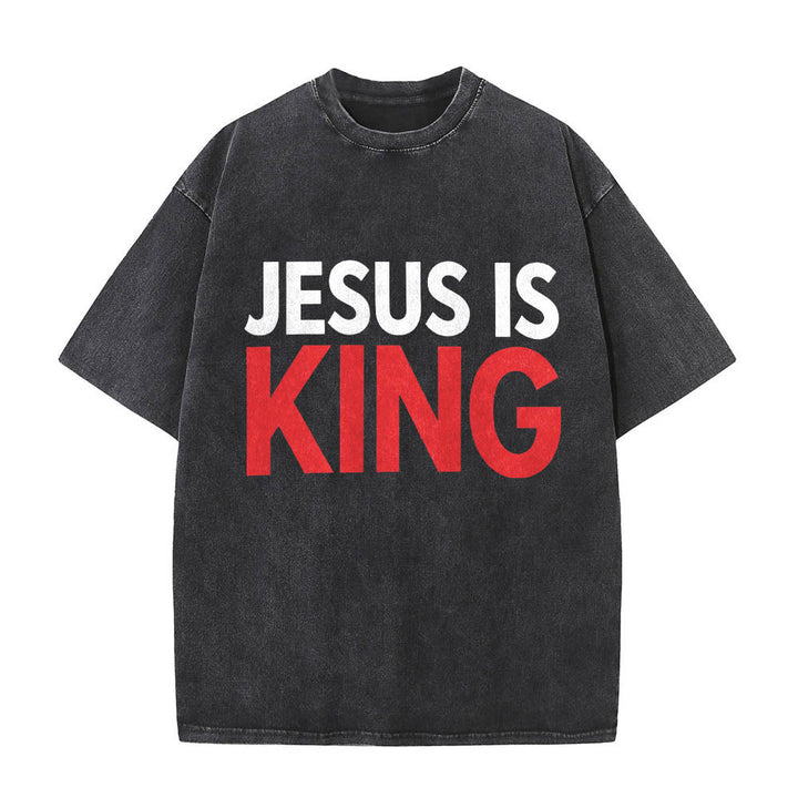 Christianartworkshop Two Tier Bold Block Jesus Is King Front Typography Print Washed T‑Shirt - Black - 5XL - image 0