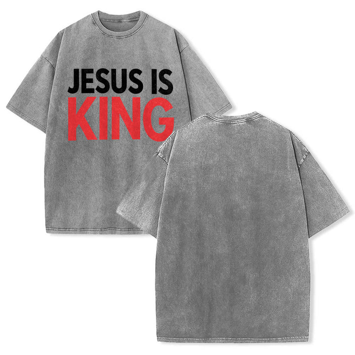 Christianartworkshop Two Tier Bold Block Jesus Is King Front Typography Print Washed T‑Shirt - image 7
