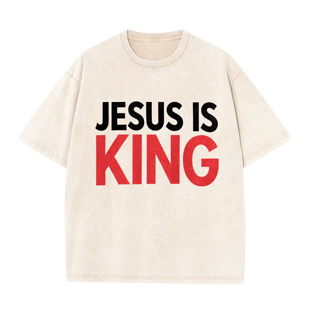 Christianartworkshop Two Tier Bold Block Jesus Is King Front Typography Print Washed T‑Shirt - Beige - 5XL - image 2