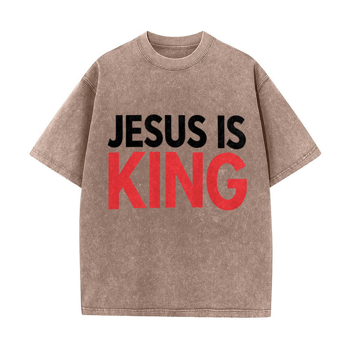 Christianartworkshop Two Tier Bold Block Jesus Is King Front Typography Print Washed T‑Shirt - Brown - 5XL - image 4
