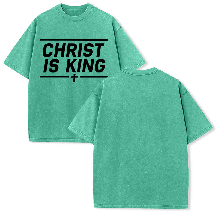 Christianartworkshop Double Horizontal Line Framed Christ Is King Centered Cross Front Print Washed T‑Shirt - image 11