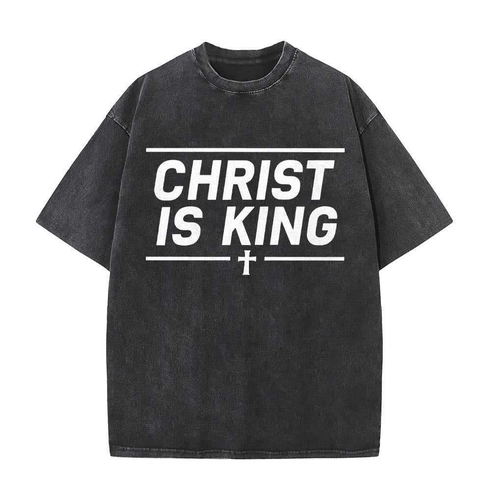 Christianartworkshop Double Horizontal Line Framed Christ Is King Centered Cross Front Print Washed T‑Shirt - Black - 5XL - image 0