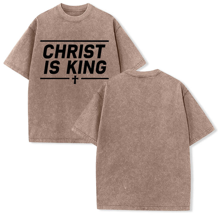 Christianartworkshop Double Horizontal Line Framed Christ Is King Centered Cross Front Print Washed T‑Shirt - image 5