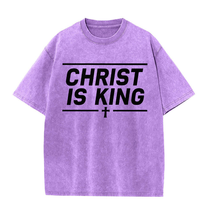 Christianartworkshop Double Horizontal Line Framed Christ Is King Centered Cross Front Print Washed T‑Shirt - Purple - 5XL - image 12
