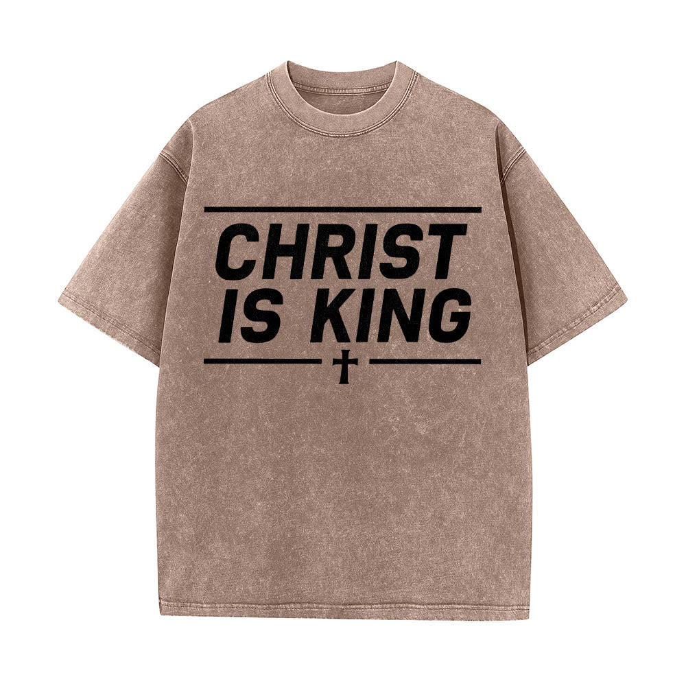 Christianartworkshop Double Horizontal Line Framed Christ Is King Centered Cross Front Print Washed T‑Shirt - Brown - 5XL - image 4