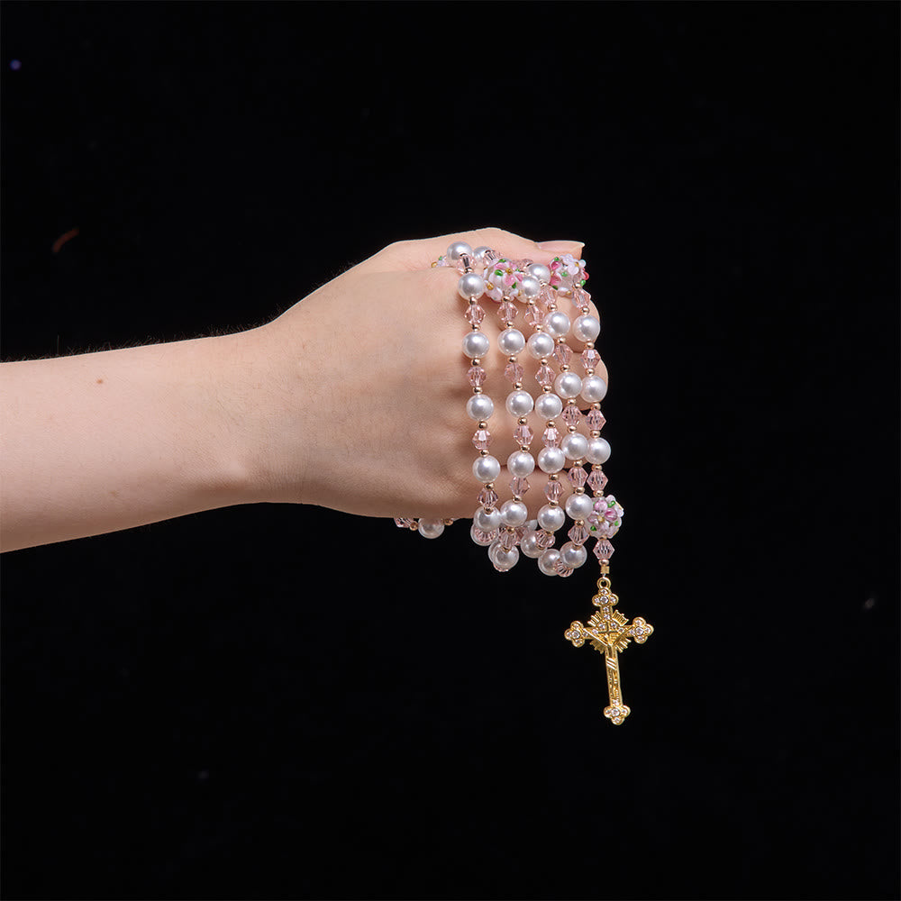 Christianartworkshop Cream Pearl Floral Crystal Rosary With Jeweled Golden Crucifix: Emblem of Soft Heavenly Tenderness - image 1