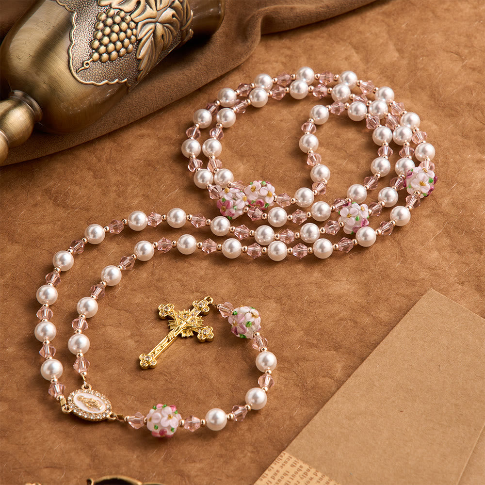 Christianartworkshop Cream Pearl Floral Crystal Rosary With Jeweled Golden Crucifix: Emblem of Soft Heavenly Tenderness - Pink Floral Rosary - image 0