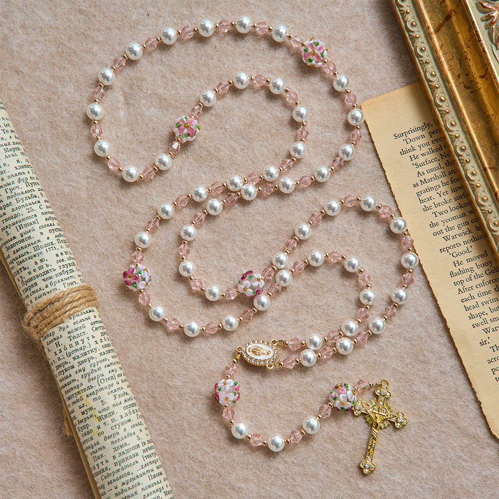 Christianartworkshop Cream Pearl Floral Crystal Rosary With Jeweled Golden Crucifix: Emblem of Soft Heavenly Tenderness - image 4