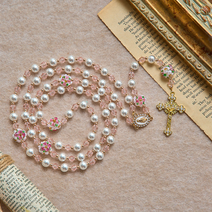 Christianartworkshop Cream Pearl Floral Crystal Rosary With Jeweled Golden Crucifix: Emblem of Soft Heavenly Tenderness - image 2