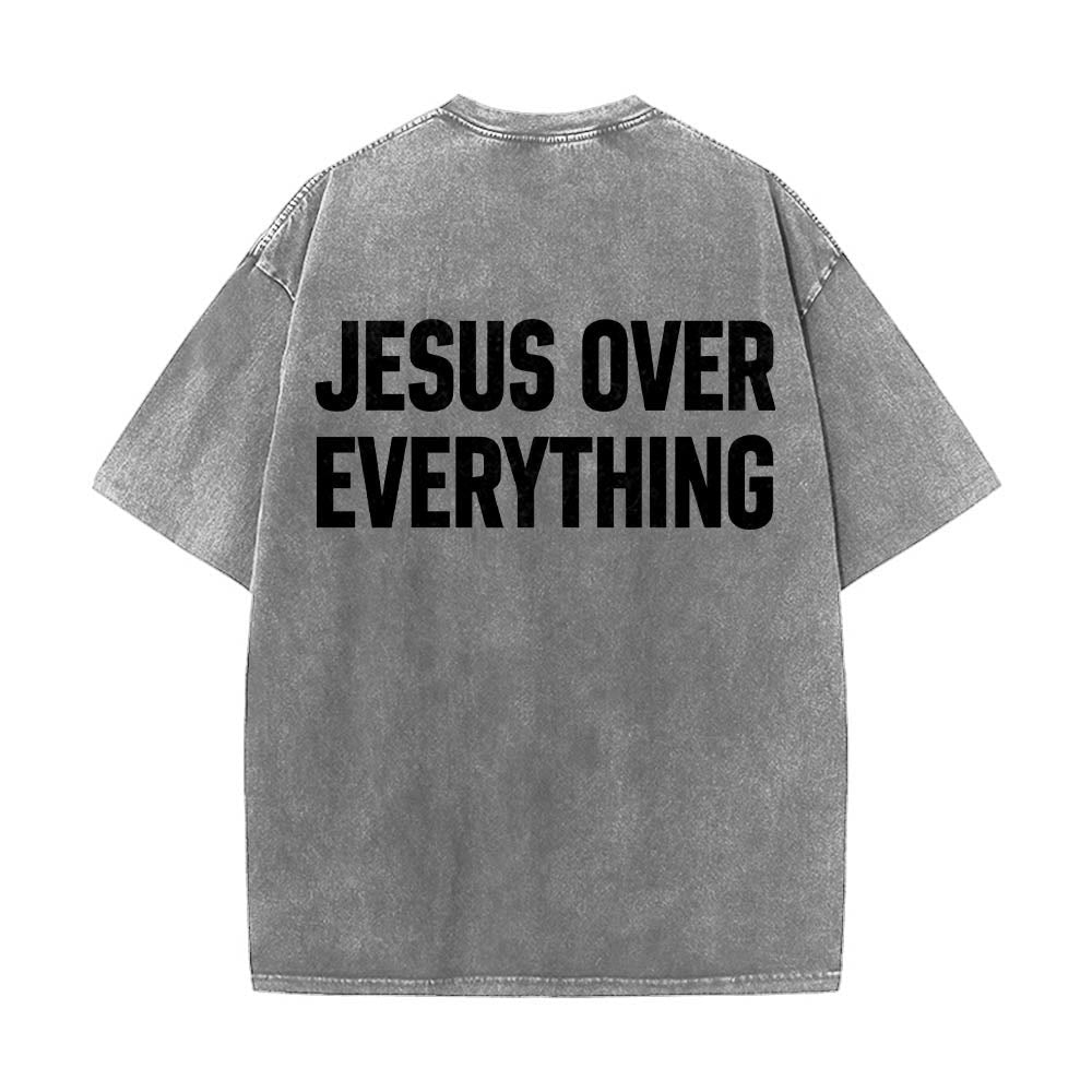 Christianartworkshop Two-Line Bold Jesus Over Everything Rear Block Letter Print Washed T‑Shirt - Grey - 5XL - image 6