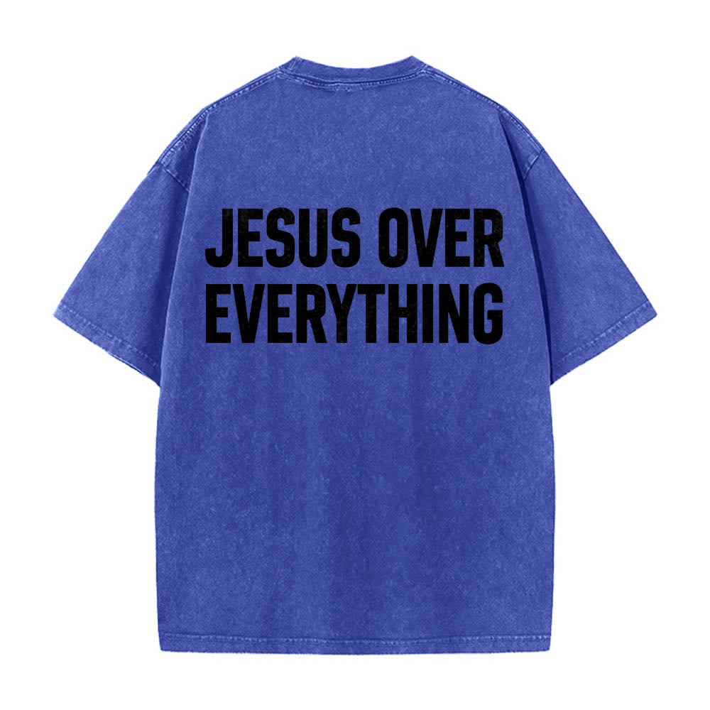 Christianartworkshop Two-Line Bold Jesus Over Everything Rear Block Letter Print Washed T‑Shirt - Blue - 5XL - image 8