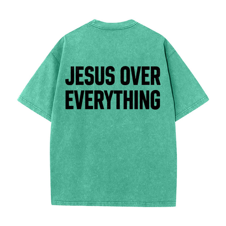 Christianartworkshop Two-Line Bold Jesus Over Everything Rear Block Letter Print Washed T‑Shirt - Green - 5XL - image 10