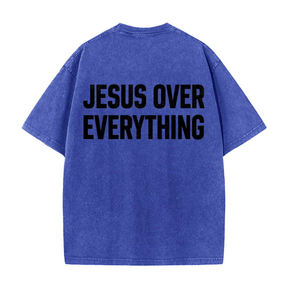 Christianartworkshop Two-Line Bold Jesus Over Everything Rear Block Letter Print Washed T‑Shirt - Blue - 5XL - image 8
