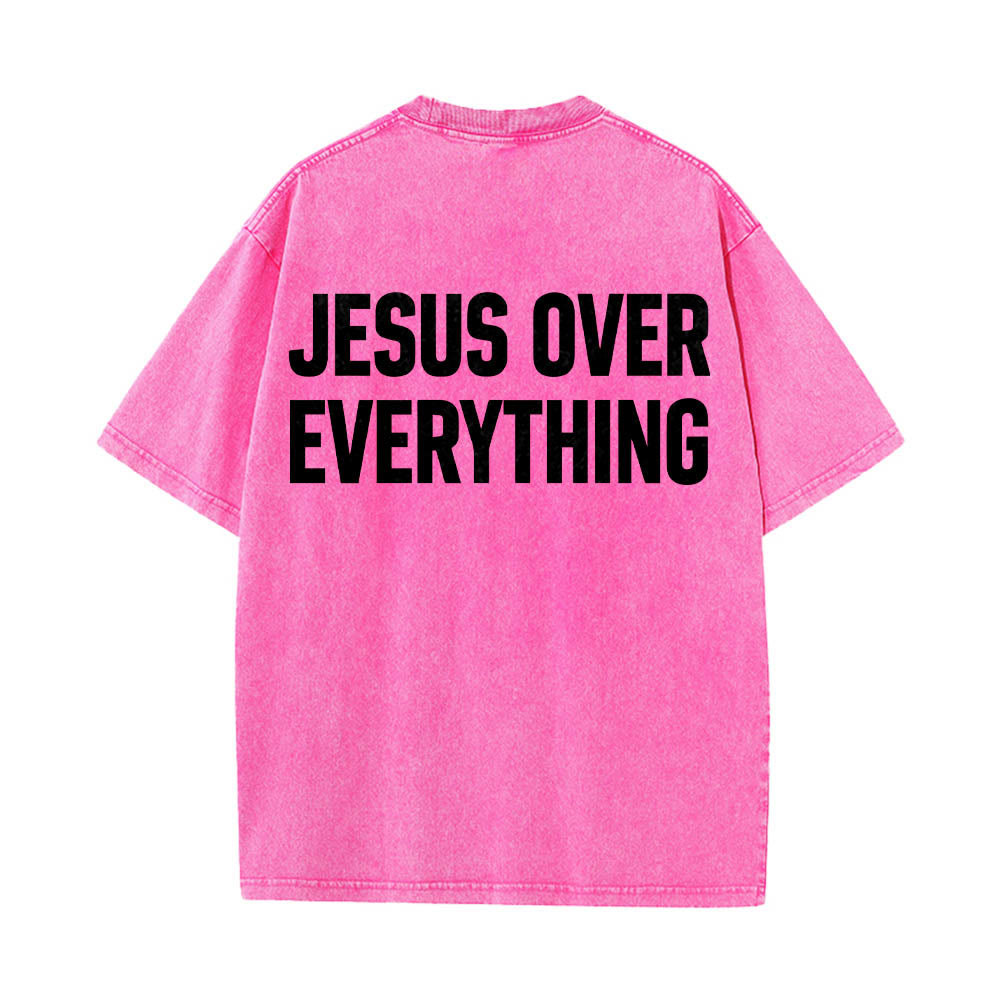 Christianartworkshop Two-Line Bold Jesus Over Everything Rear Block Letter Print Washed T‑Shirt - Pink - 5XL - image 14