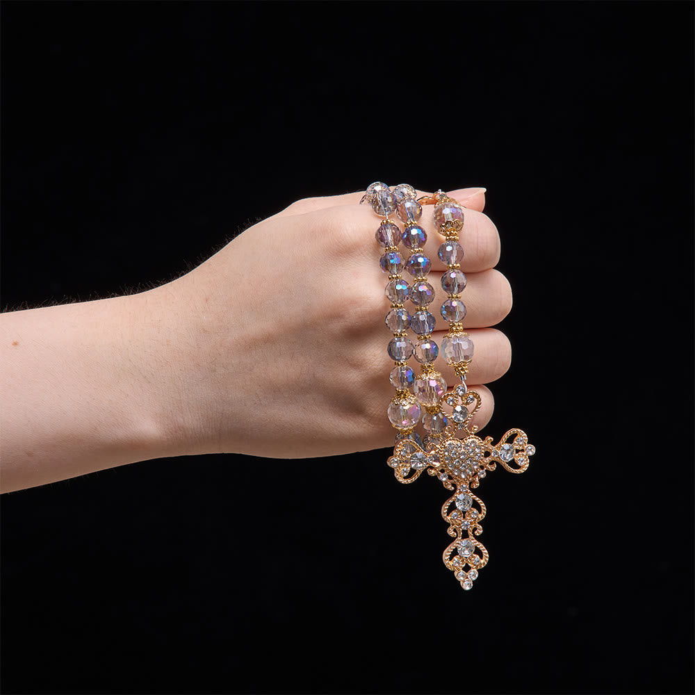 Christianartworkshop Iridescent Blue Beads Rosary With Our Lady of Aparecida & Rhinestone Crucifix: Custom Name Bead Keepsake For Chapel - image 1
