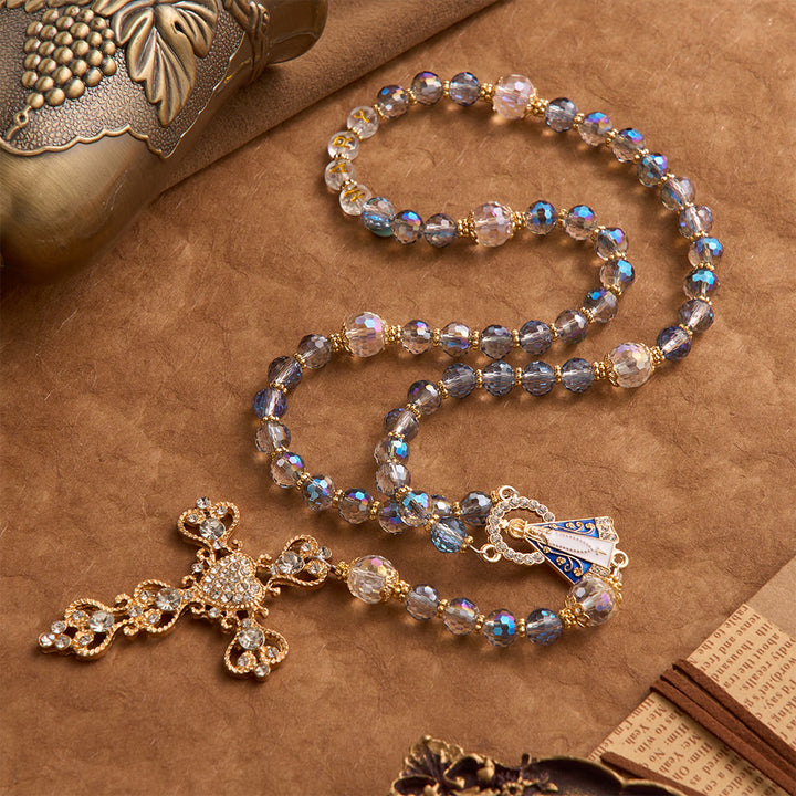 Christianartworkshop Iridescent Blue Beads Rosary With Our Lady of Aparecida & Rhinestone Crucifix: Custom Name Bead Keepsake For Chapel - image 5