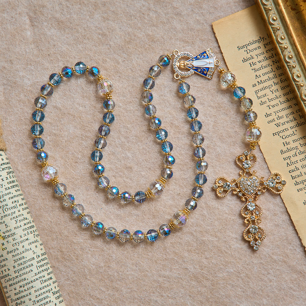 Christianartworkshop Iridescent Blue Beads Rosary With Our Lady of Aparecida & Rhinestone Crucifix: Custom Name Bead Keepsake For Chapel - image 3
