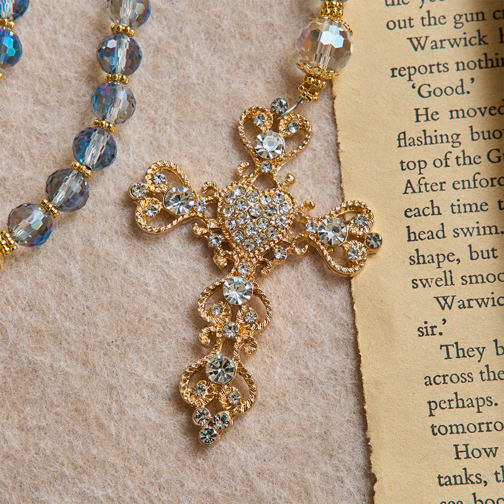 Christianartworkshop Iridescent Blue Beads Rosary With Our Lady of Aparecida & Rhinestone Crucifix: Custom Name Bead Keepsake For Chapel - image 10