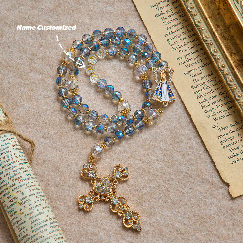 Christianartworkshop Iridescent Blue Beads Rosary With Our Lady of Aparecida & Rhinestone Crucifix: Custom Name Bead Keepsake For Chapel - Customized(Within 10 Letters) - image 2