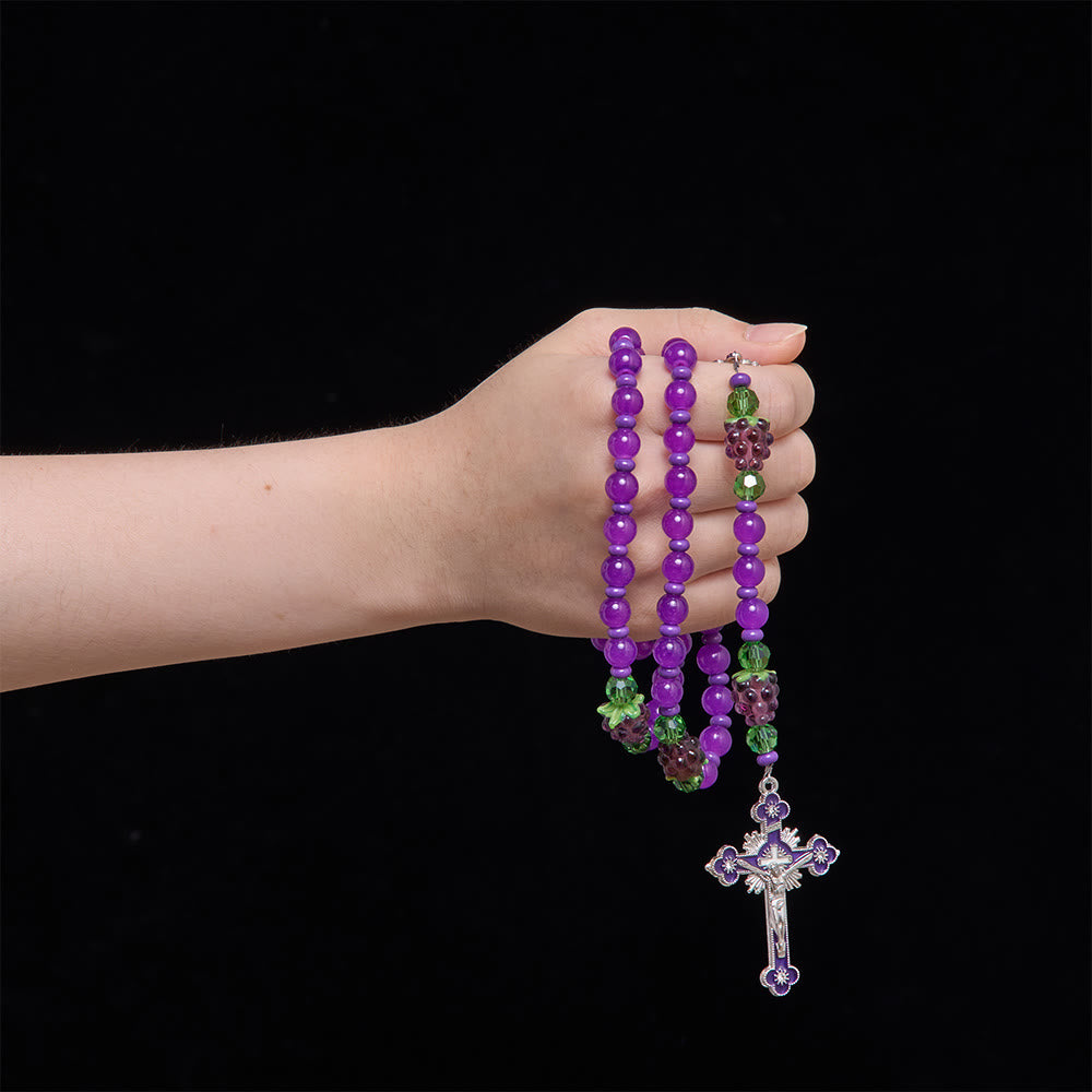 Christianartworkshop Grape Shaped Glass Bead Rosary With Enamel Crucifix: Emblem of Eucharistic Heavenly Blessing - image 1