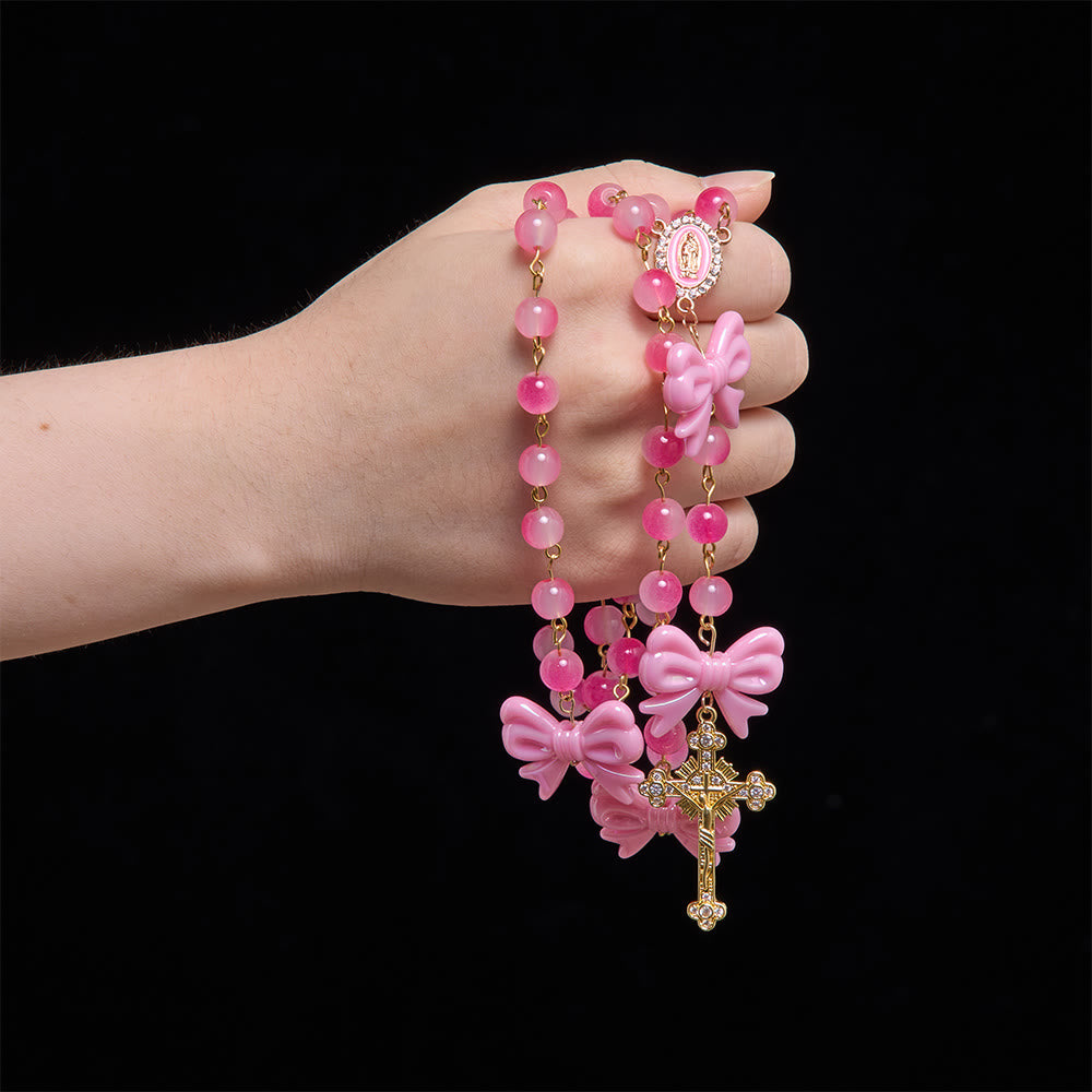 Christianartworkshop Girly Dual-Tone Gradient Bead Rosary With Glossy Resin Bows & Jeweled Gold Crucifix - Pink Bows Rosary - image 0