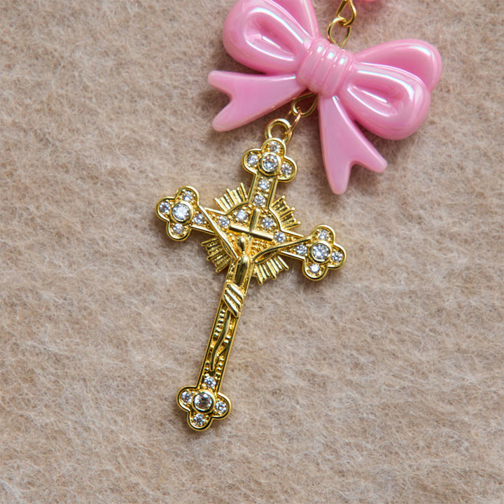 Christianartworkshop Girly Dual-Tone Gradient Bead Rosary With Glossy Resin Bows & Jeweled Gold Crucifix - image 8