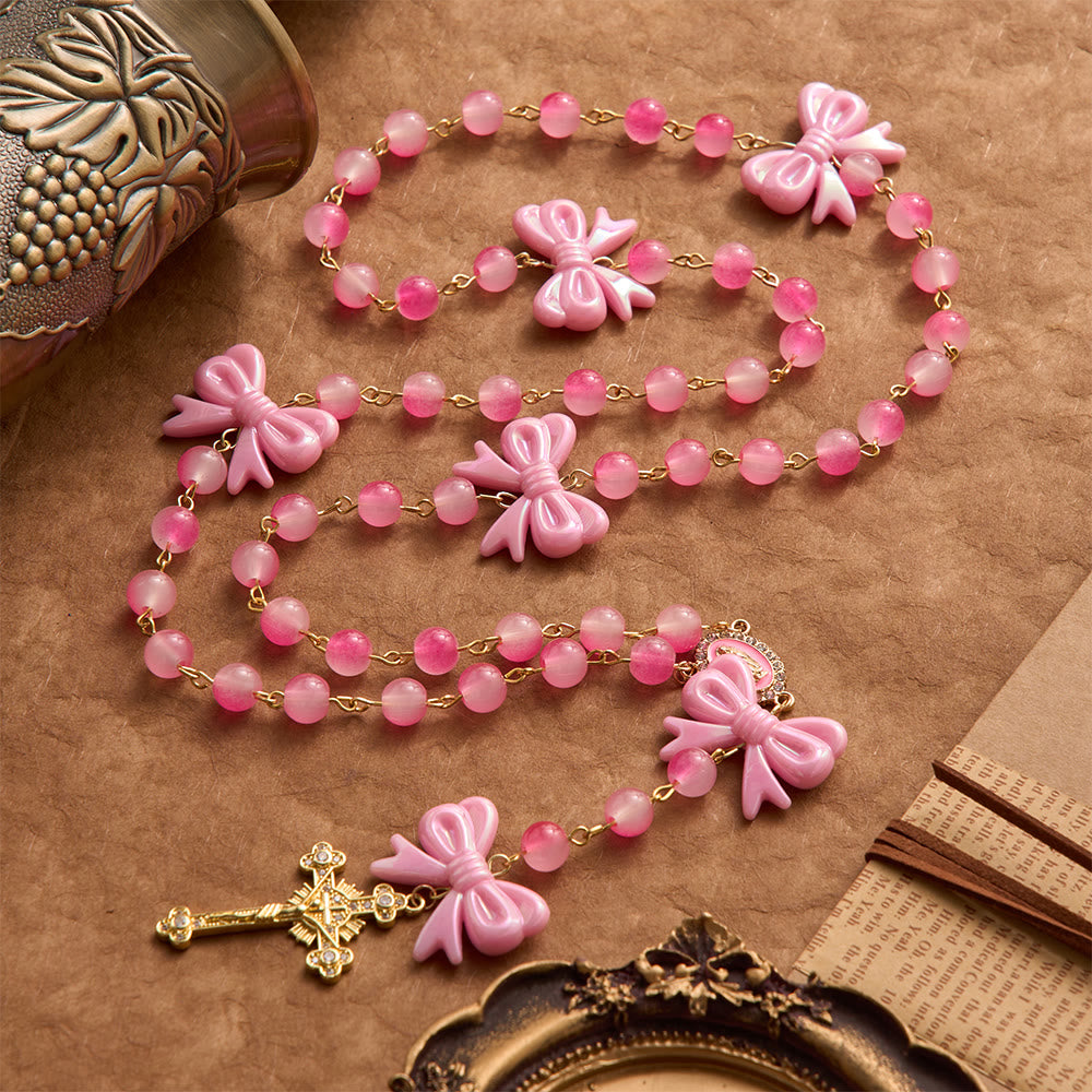 Christianartworkshop Girly Dual-Tone Gradient Bead Rosary With Glossy Resin Bows & Jeweled Gold Crucifix - image 3