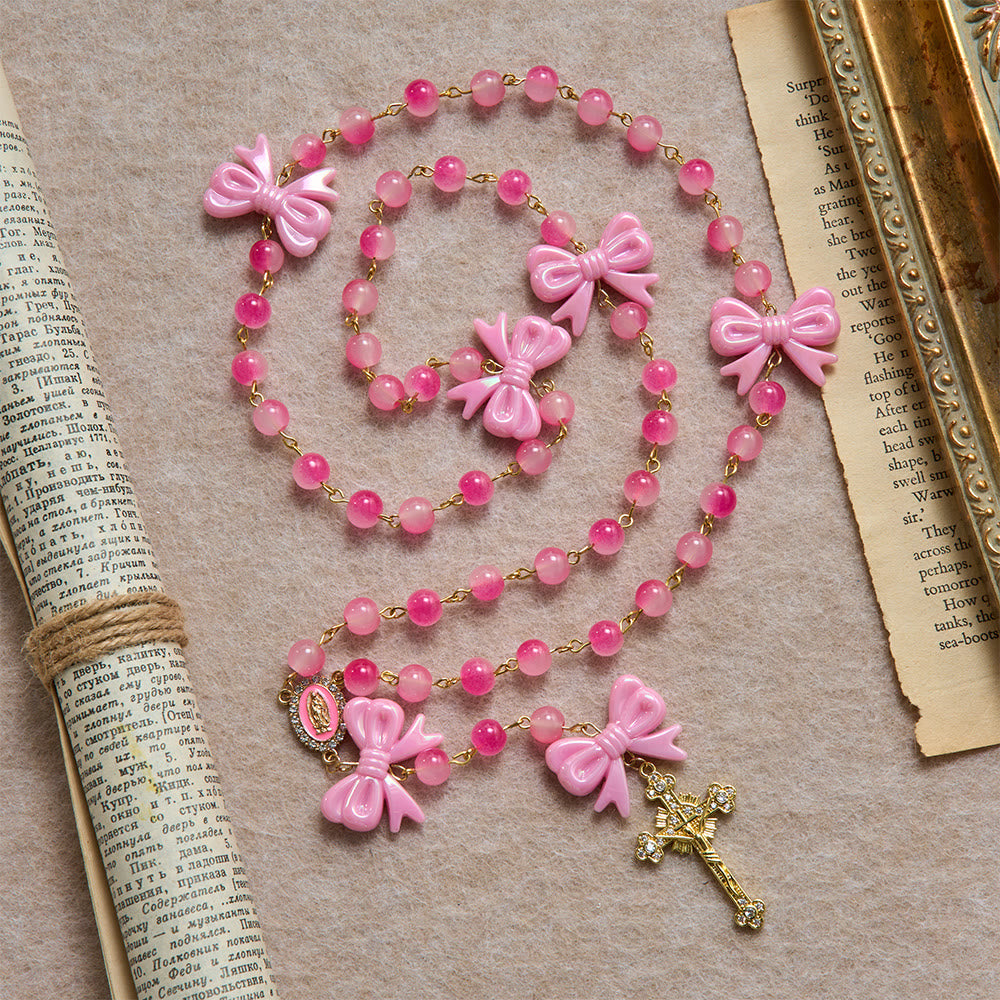 Christianartworkshop Girly Dual-Tone Gradient Bead Rosary With Glossy Resin Bows & Jeweled Gold Crucifix - image 1