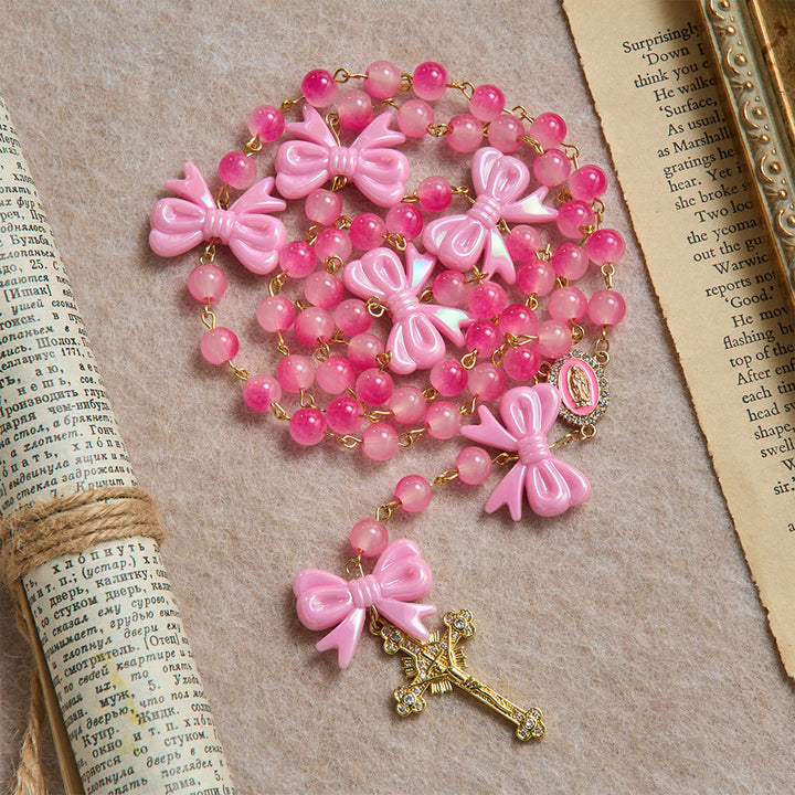 Christianartworkshop Girly Dual-Tone Gradient Bead Rosary With Glossy Resin Bows & Jeweled Gold Crucifix - image 4