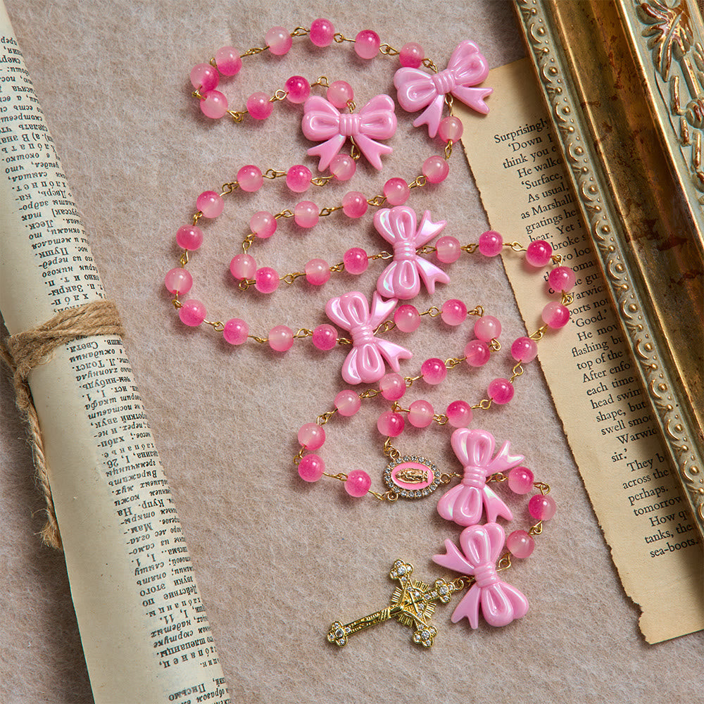 Christianartworkshop Girly Dual-Tone Gradient Bead Rosary With Glossy Resin Bows & Jeweled Gold Crucifix - image 5