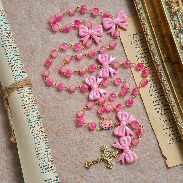 Christianartworkshop Girly Dual-Tone Gradient Bead Rosary With Glossy Resin Bows & Jeweled Gold Crucifix - image 5