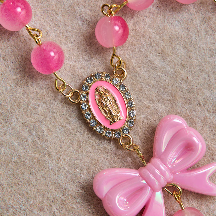 Christianartworkshop Girly Dual-Tone Gradient Bead Rosary With Glossy Resin Bows & Jeweled Gold Crucifix - image 7