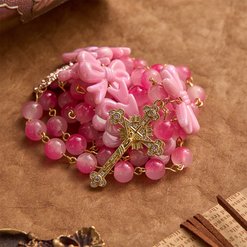 Christianartworkshop Girly Dual-Tone Gradient Bead Rosary With Glossy Resin Bows & Jeweled Gold Crucifix - image 2