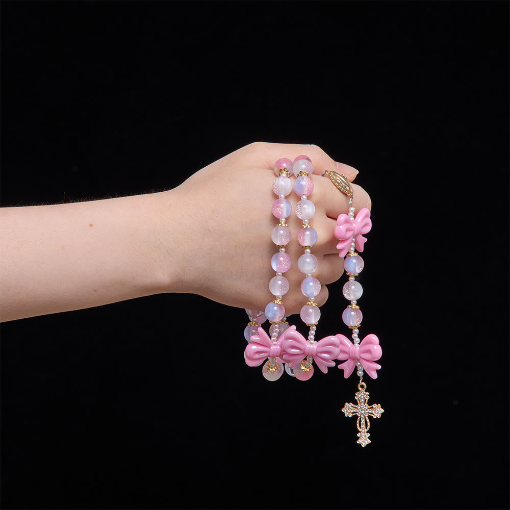 Christianartworkshop Pastel Glitter Bead Bow Rosary With Jeweled Cross: Emblem of Sweet Heavenly Grace - image 1